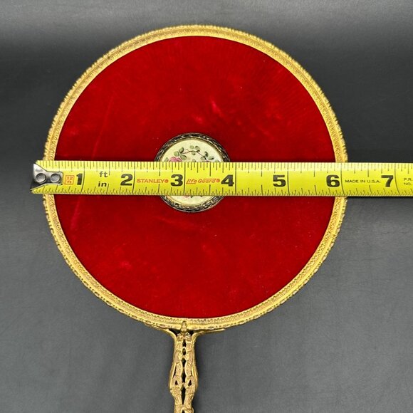 Antique Vanity Hand Mirror Red Velvet Guilloche Enamel Plaque Floral Brass - Picture 11 of 12